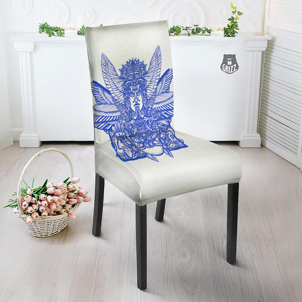 Mayan Statue White And Blue Print Dining Chair Slipcover-grizzshop