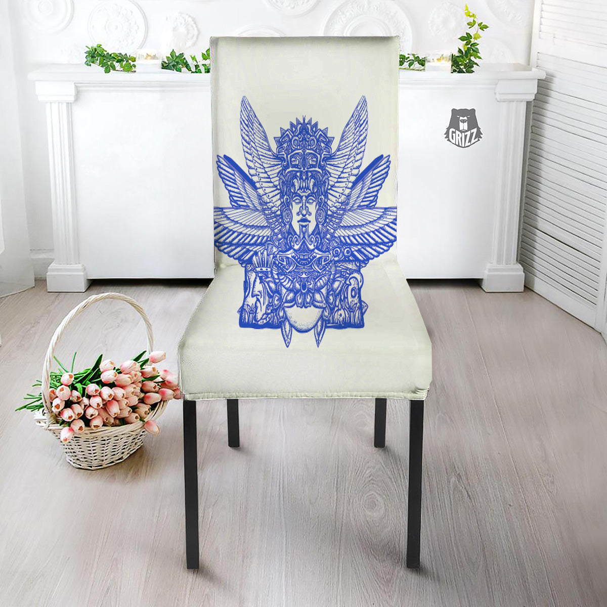 Mayan Statue White And Blue Print Dining Chair Slipcover-grizzshop
