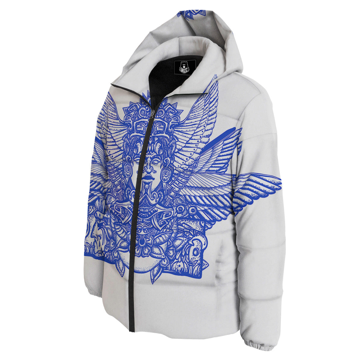 Mayan Statue White And Blue Print Down Jacket-grizzshop