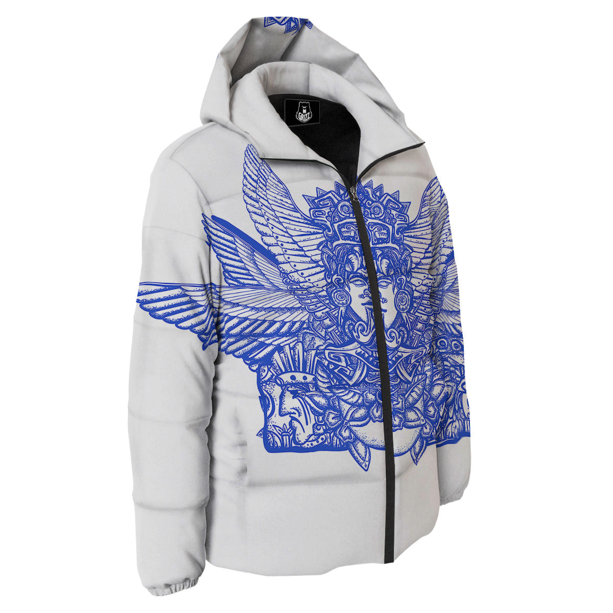 Mayan Statue White And Blue Print Down Jacket-grizzshop