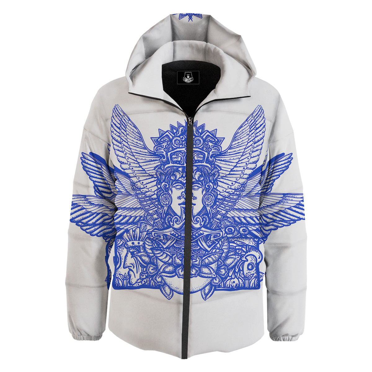 Mayan Statue White And Blue Print Down Jacket-grizzshop