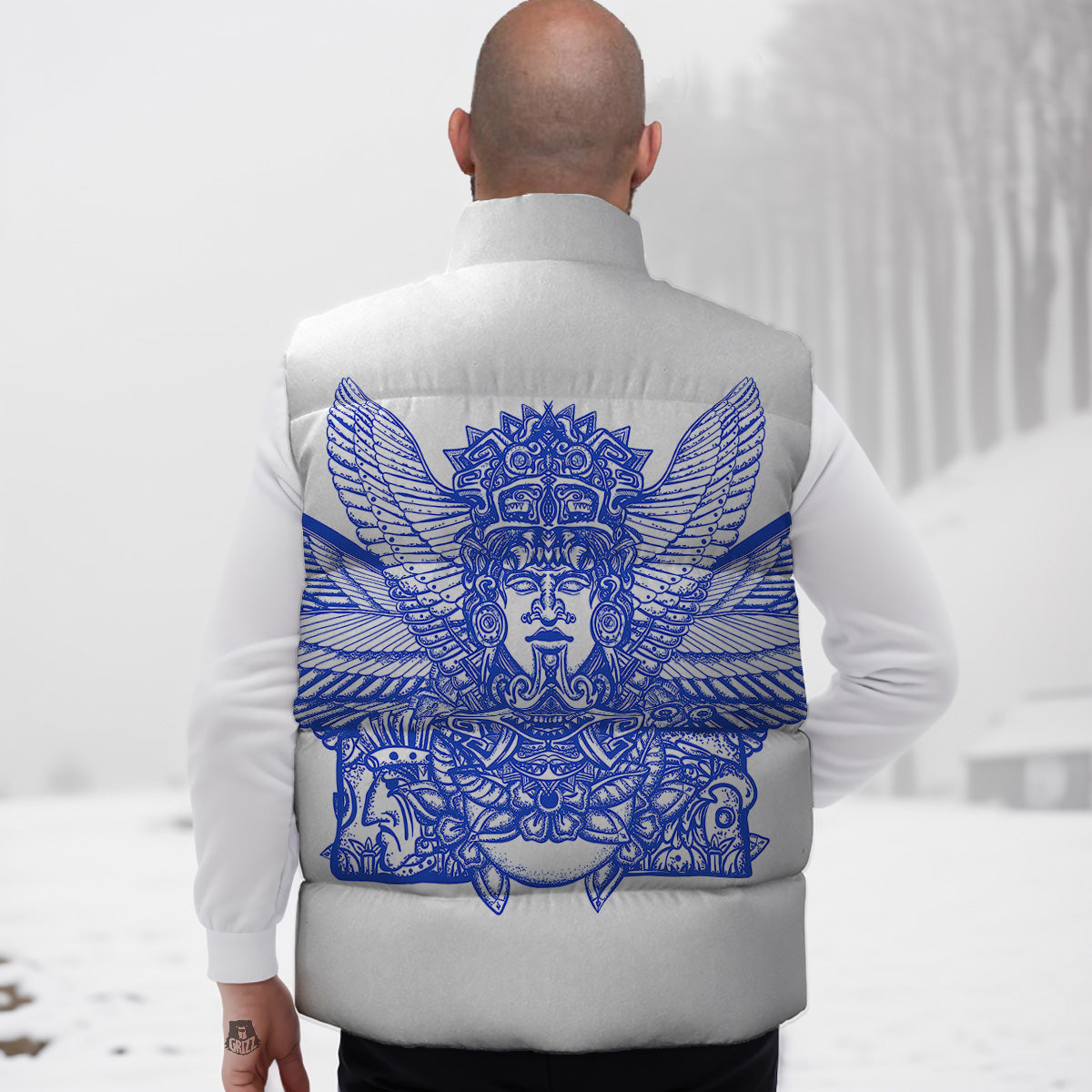 Mayan Statue White And Blue Print Down Vest