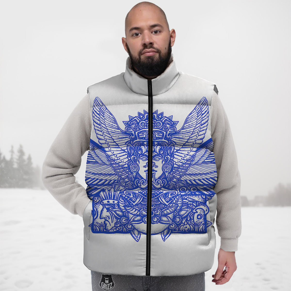 Mayan Statue White And Blue Print Down Vest