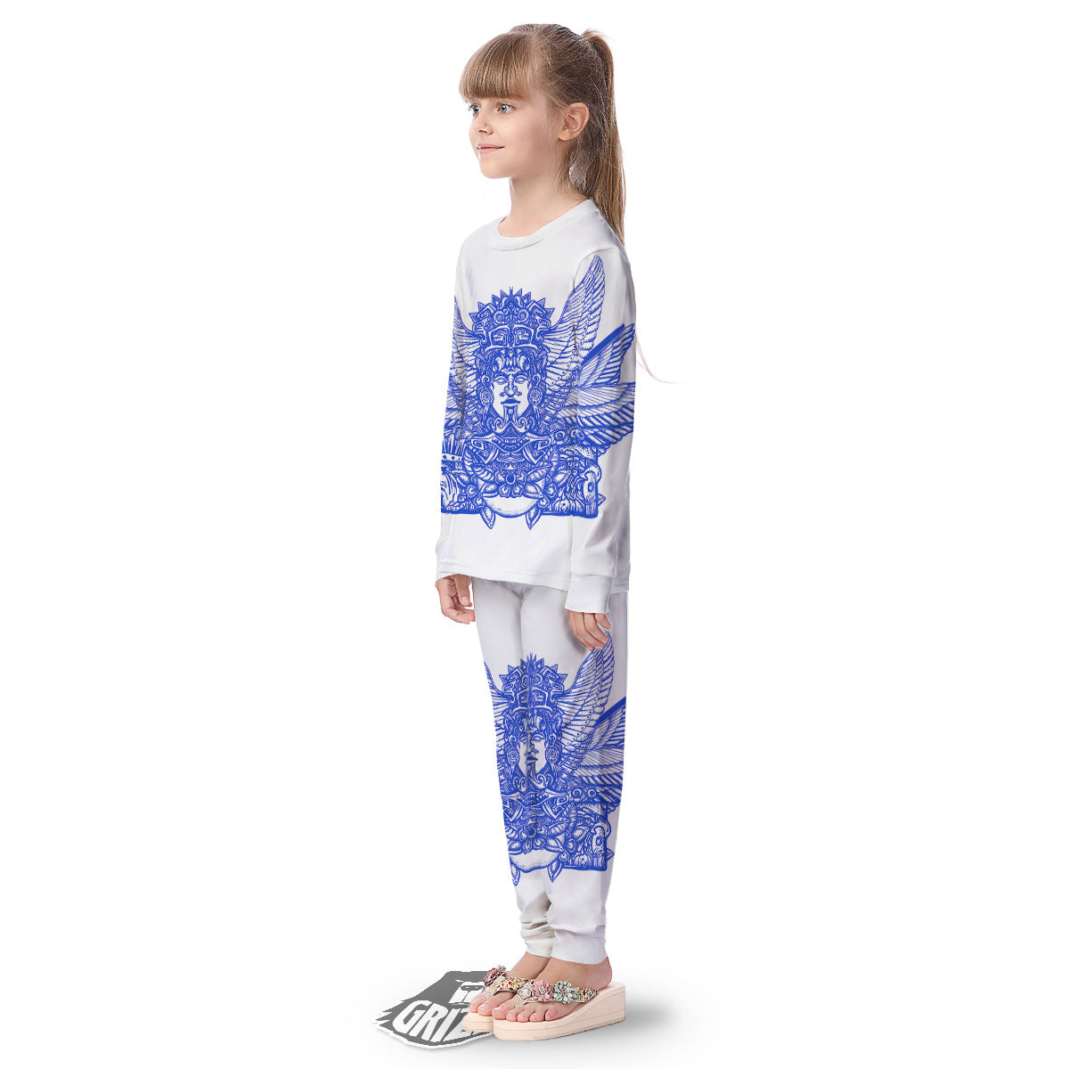 Mayan Statue White And Blue Print Kid's Pajamas-grizzshop