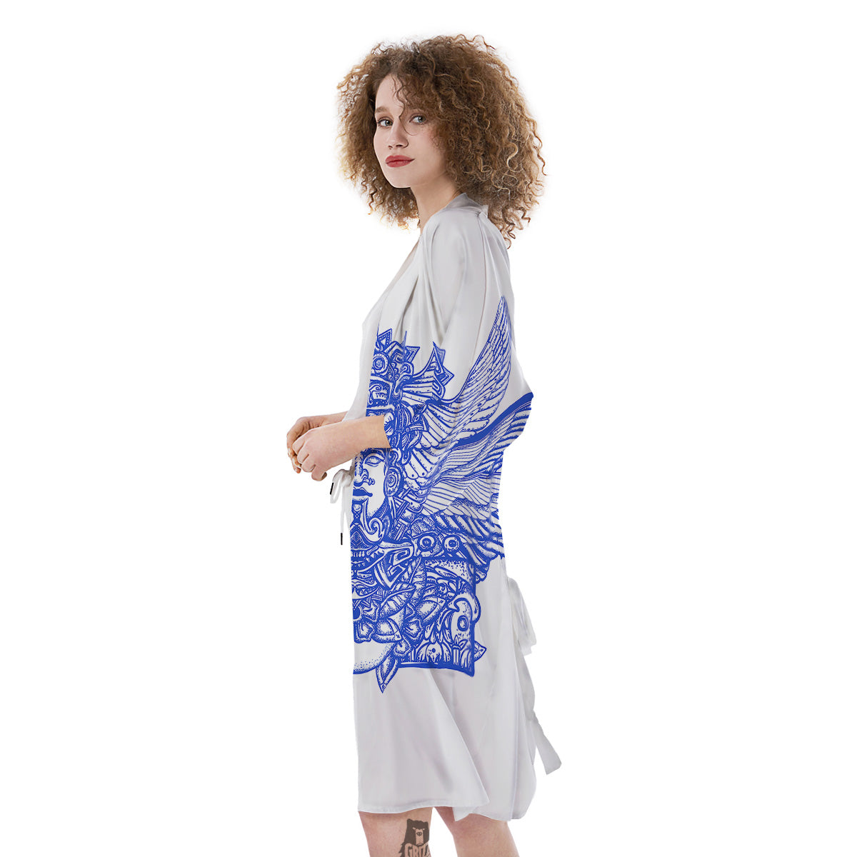 Mayan Statue White And Blue Print Kimono-grizzshop