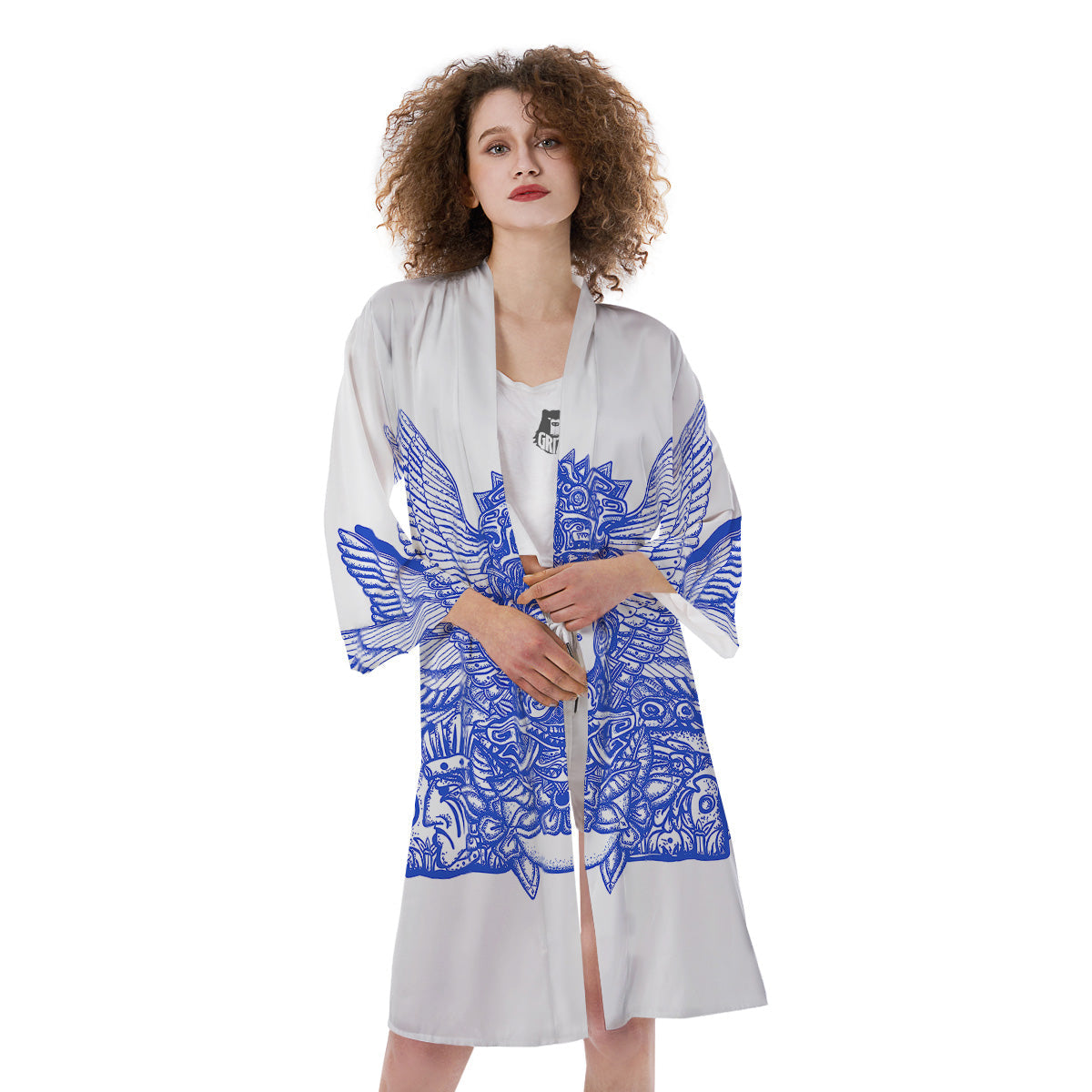 Mayan Statue White And Blue Print Kimono-grizzshop