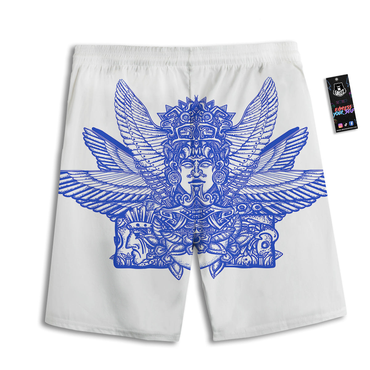 Mayan Statue White And Blue Print Men's Athletic Shorts