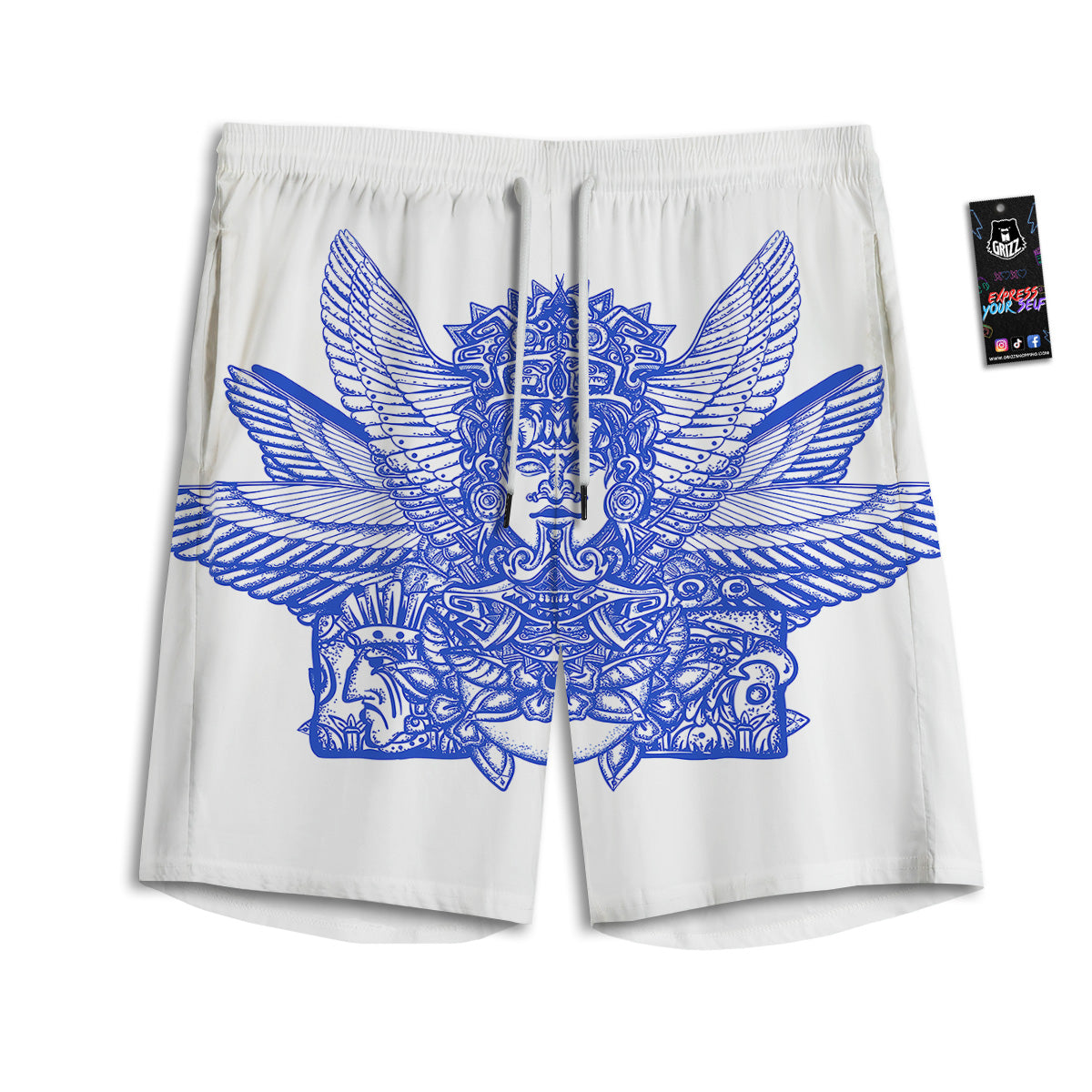 Mayan Statue White And Blue Print Men's Athletic Shorts