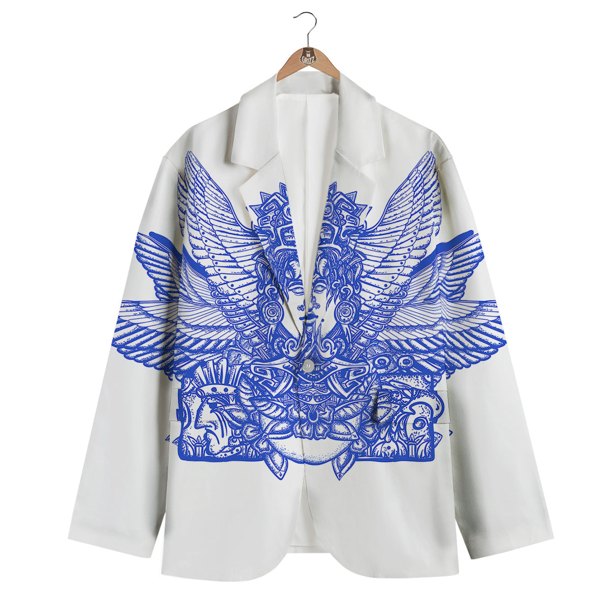 Mayan Statue White And Blue Print Men's Blazer-grizzshop