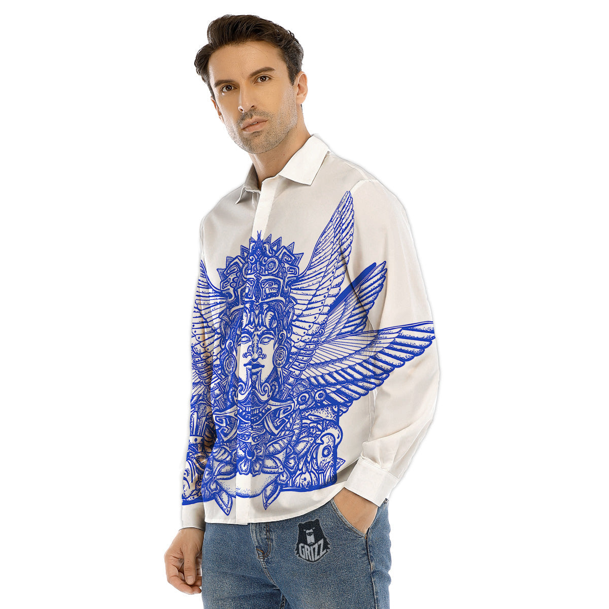 Mayan Statue White And Blue Print Men's Dress Shirts-grizzshop