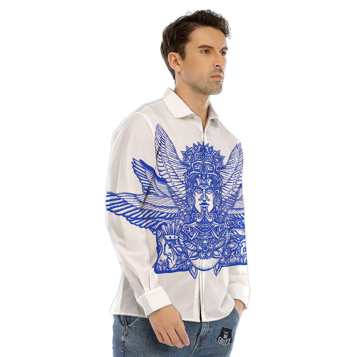 Mayan Statue White And Blue Print Men's Dress Shirts-grizzshop