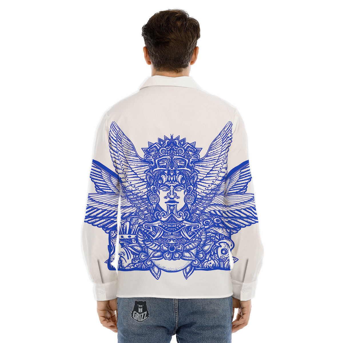 Mayan Statue White And Blue Print Men's Dress Shirts-grizzshop