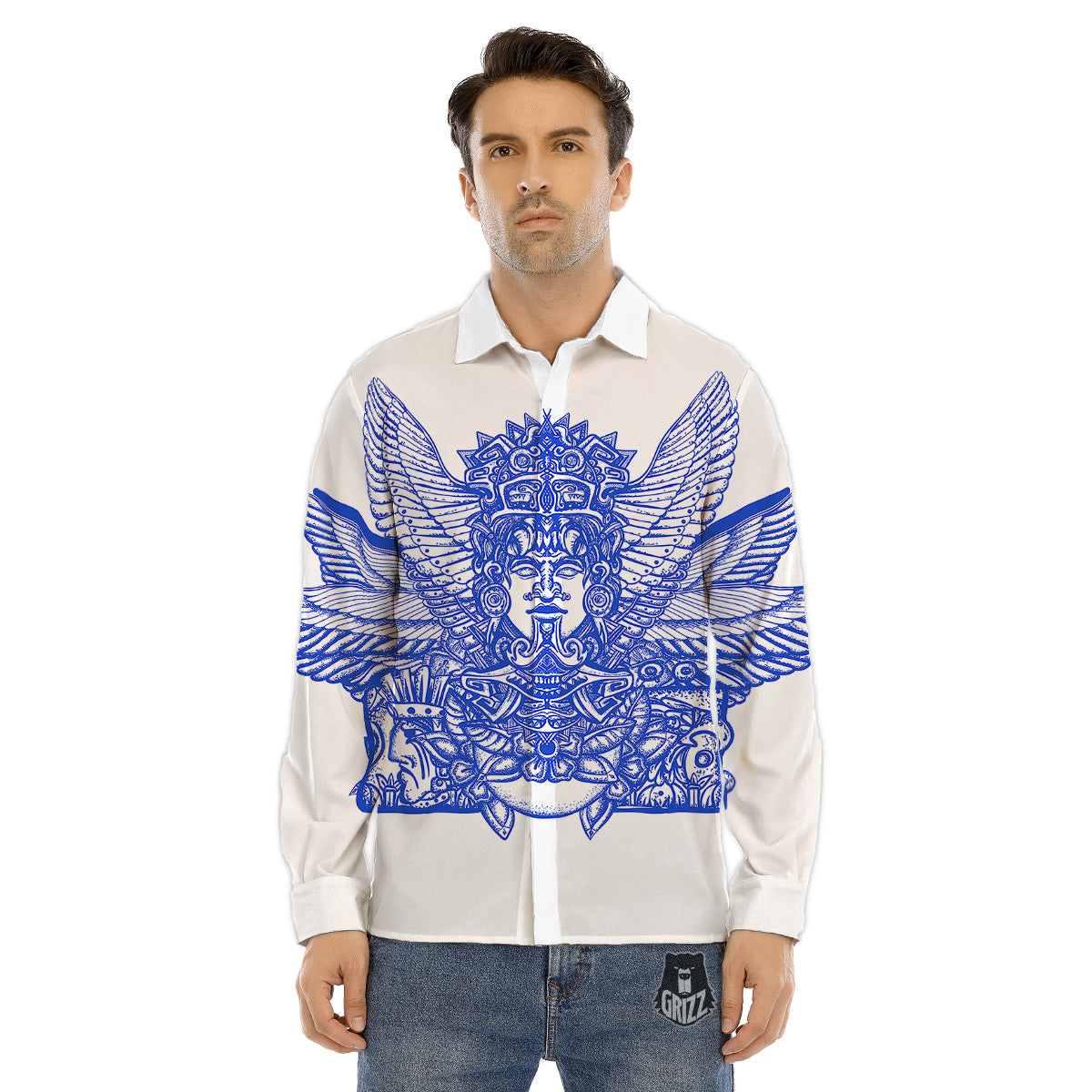 Mayan Statue White And Blue Print Men's Dress Shirts-grizzshop