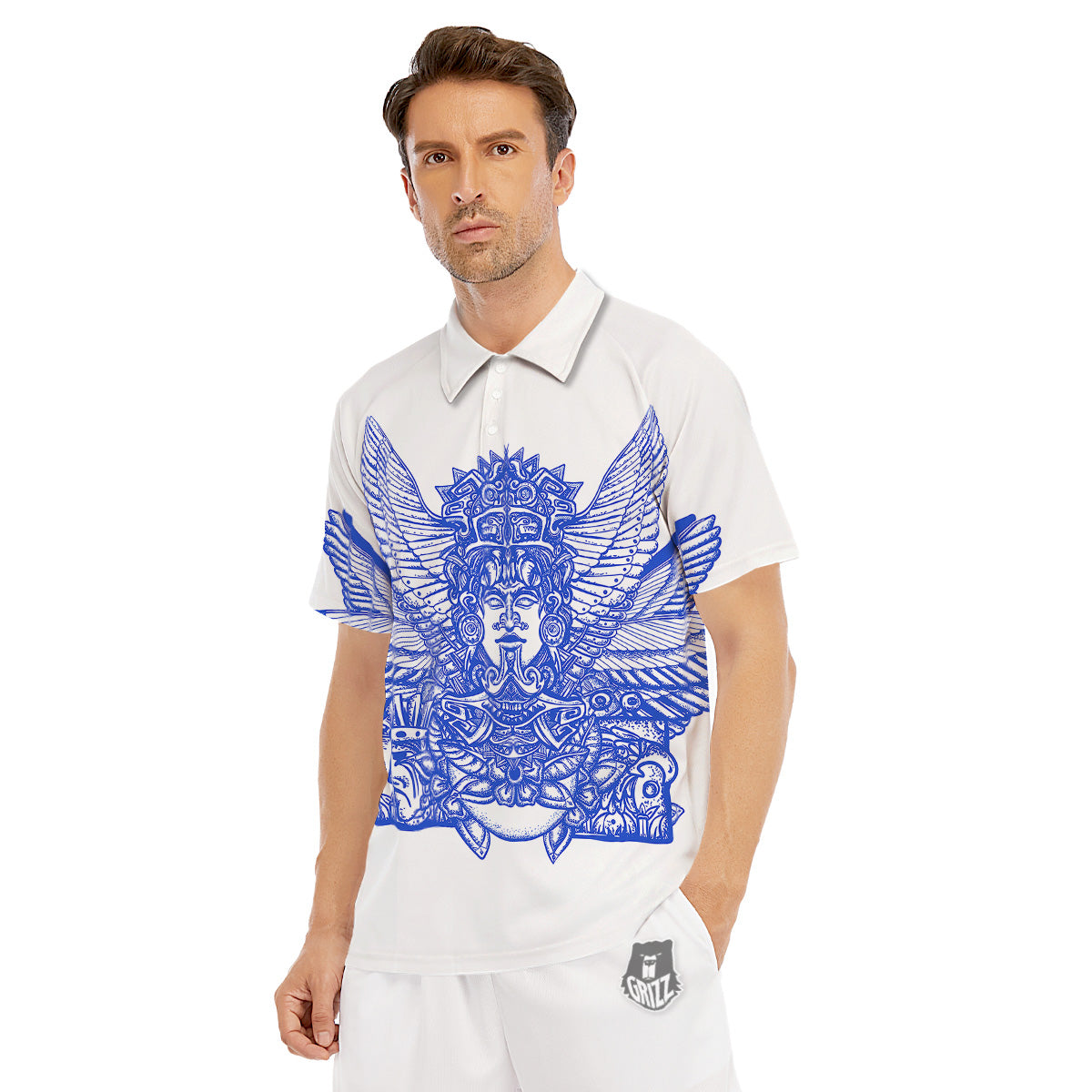 Mayan Statue White And Blue Print Men's Golf Shirts-grizzshop