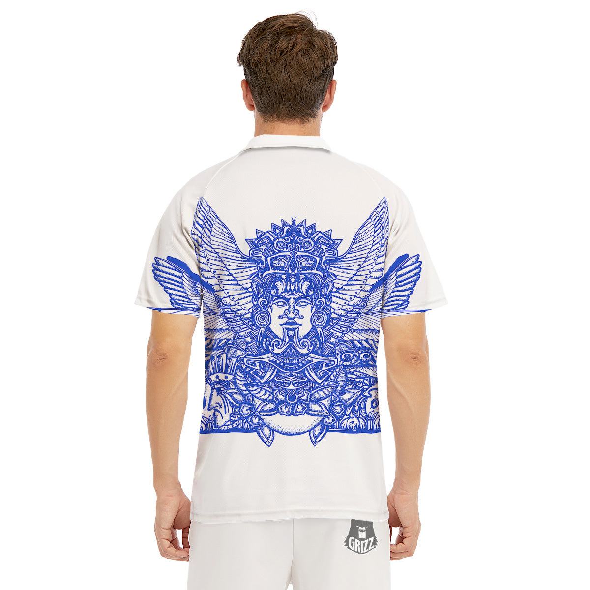 Mayan Statue White And Blue Print Men's Golf Shirts-grizzshop