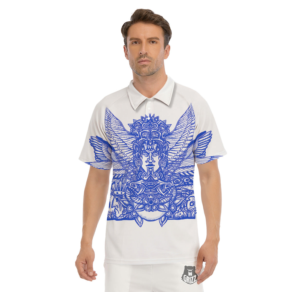 Mayan Statue White And Blue Print Men's Golf Shirts-grizzshop