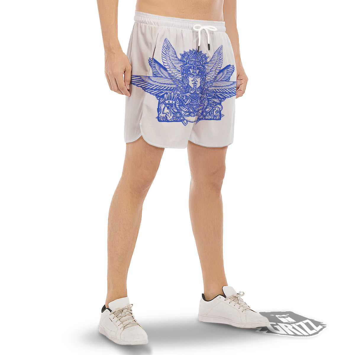 Mayan Statue White And Blue Print Men's Gym Shorts-grizzshop
