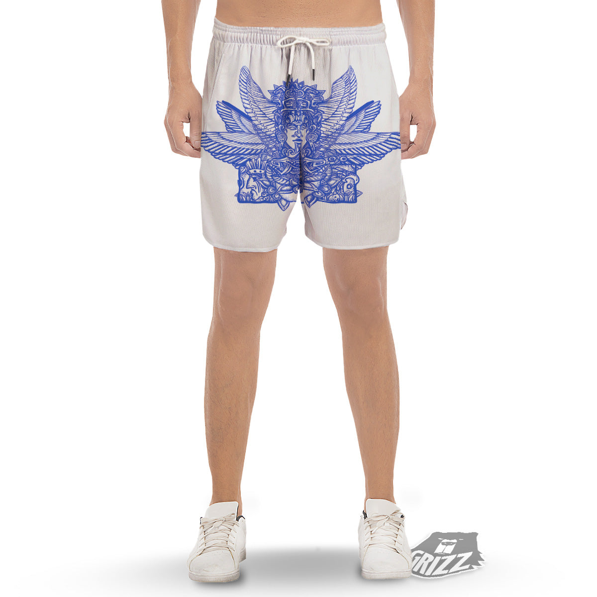 Mayan Statue White And Blue Print Men's Gym Shorts-grizzshop