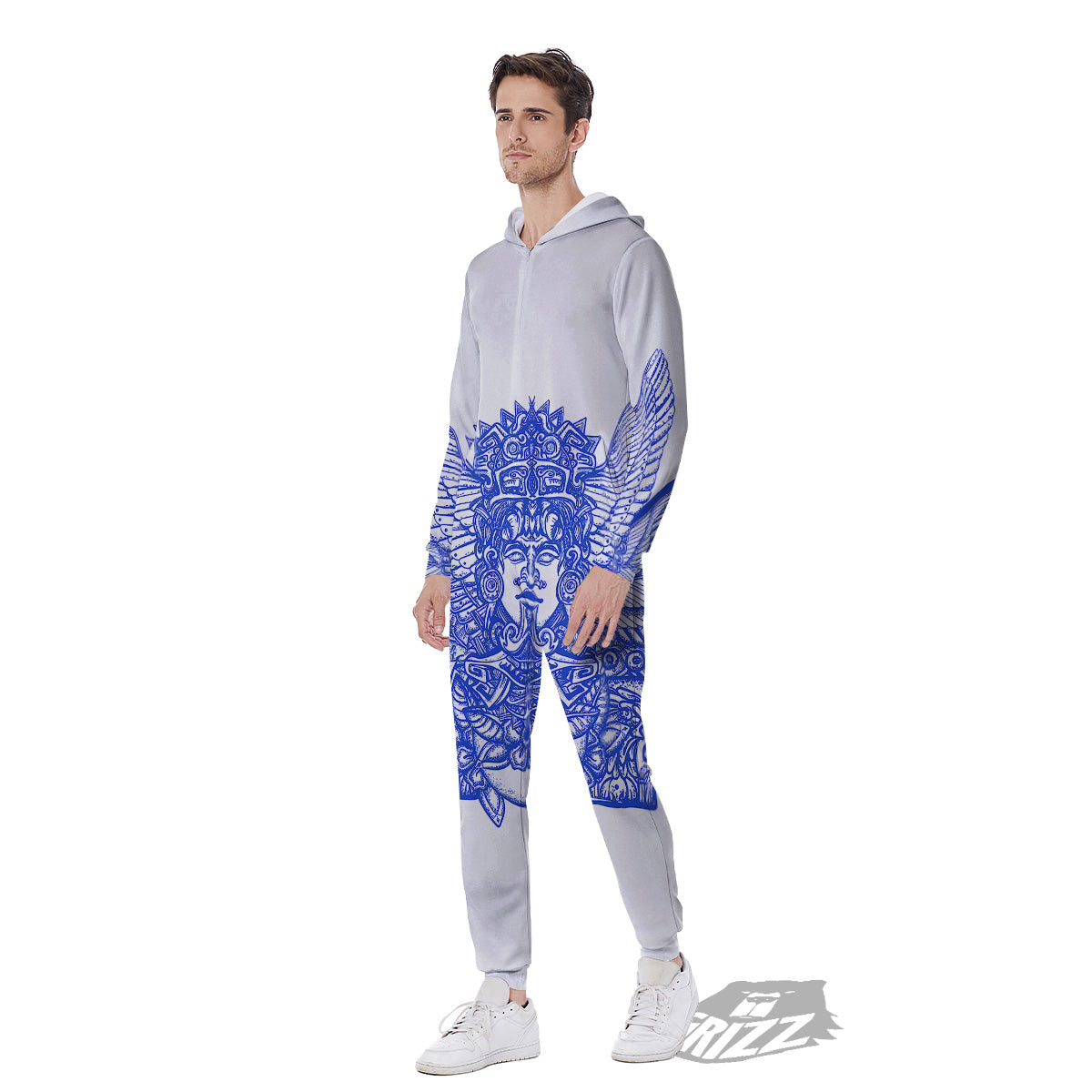 Mayan Statue White And Blue Print Men's Jumpsuit-grizzshop