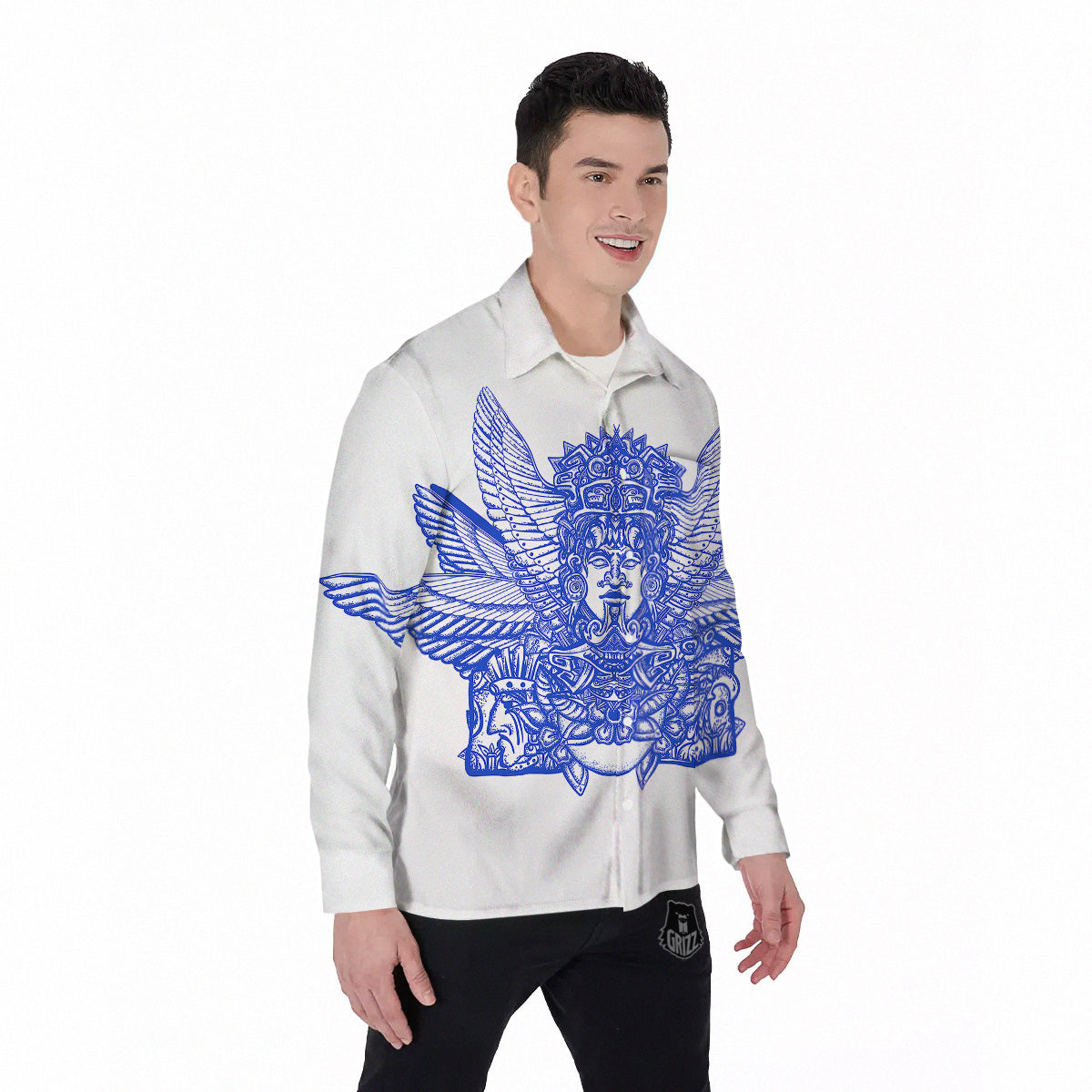 Mayan Statue White And Blue Print Men's Long Sleeve Shirts-grizzshop