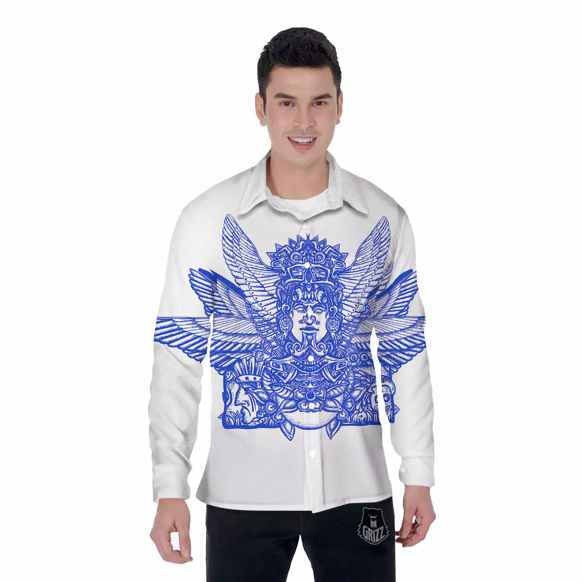 Mayan Statue White And Blue Print Men's Long Sleeve Shirts-grizzshop