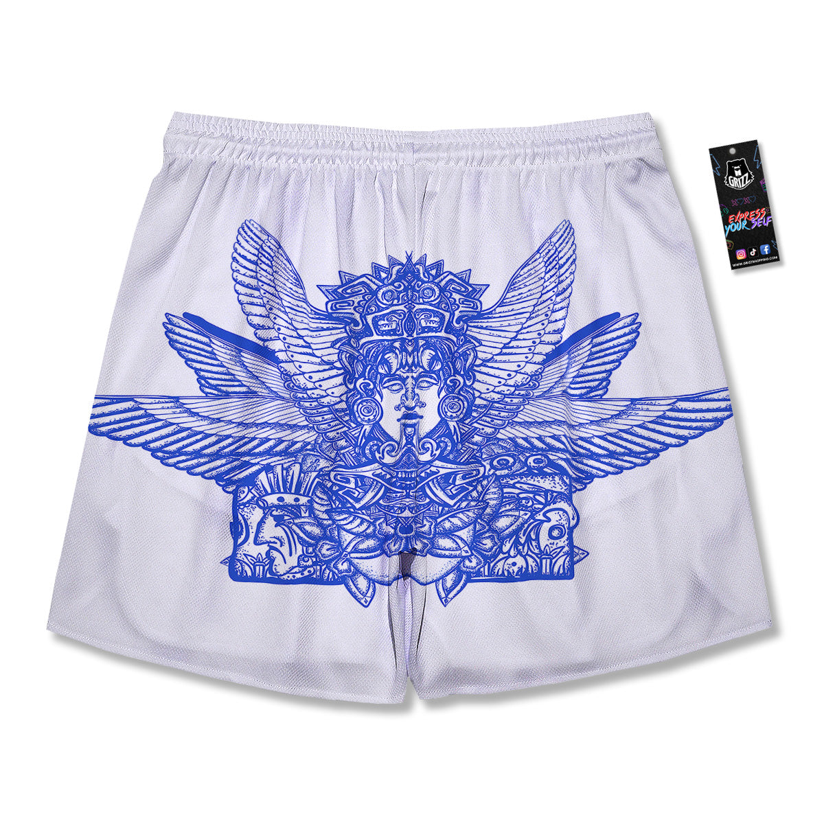 Mayan Statue White And Blue Print Men's Running Shorts-grizzshop