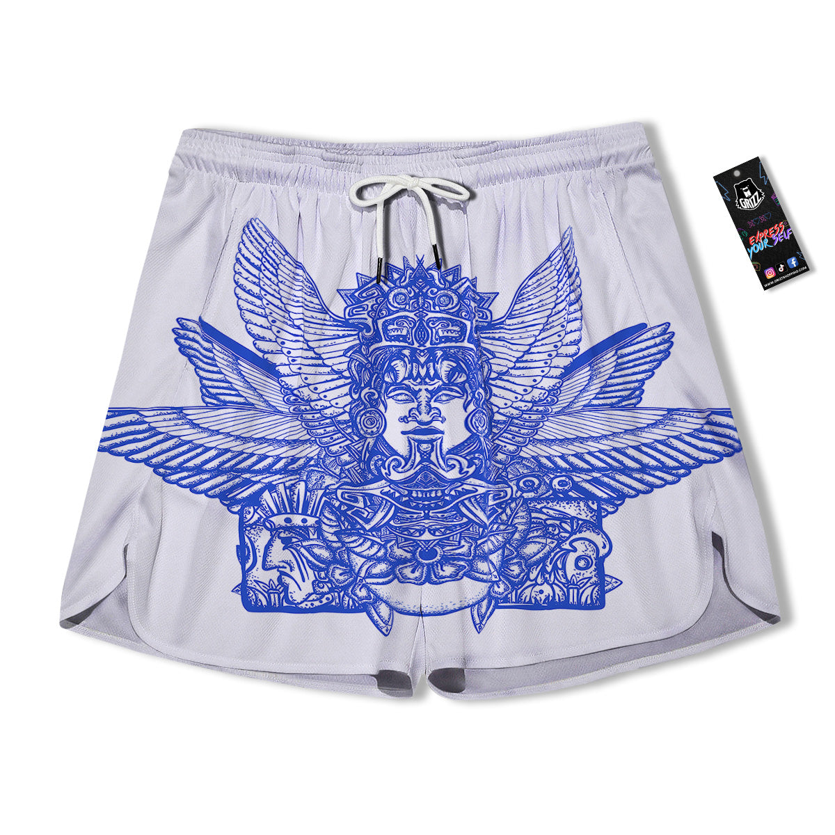 Mayan Statue White And Blue Print Men's Running Shorts-grizzshop
