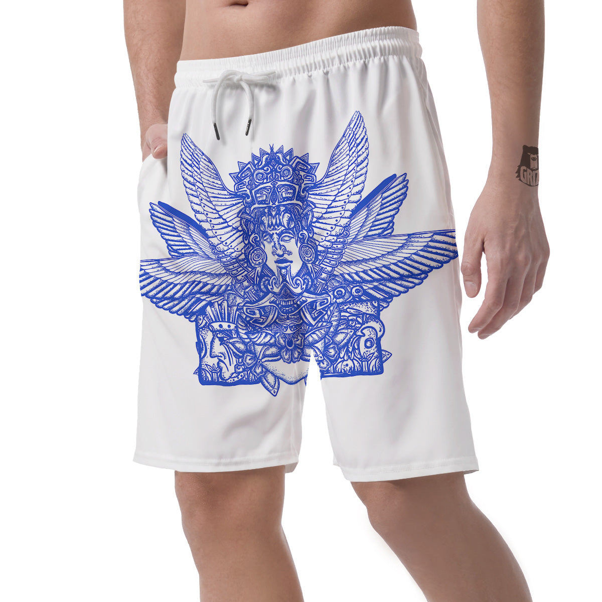 Mayan Statue White And Blue Print Men's Shorts-grizzshop