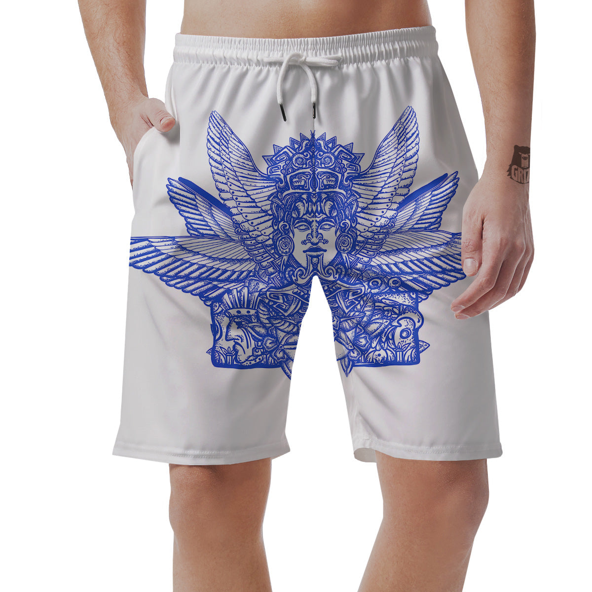 Mayan Statue White And Blue Print Men's Shorts-grizzshop