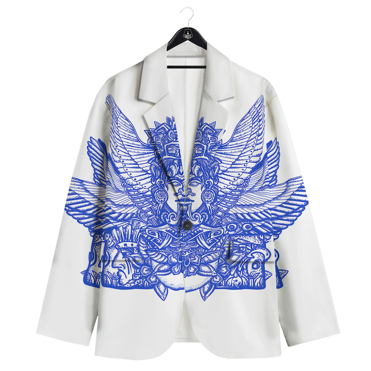 Mayan Statue White And Blue Print Men's Sport Coat-grizzshop