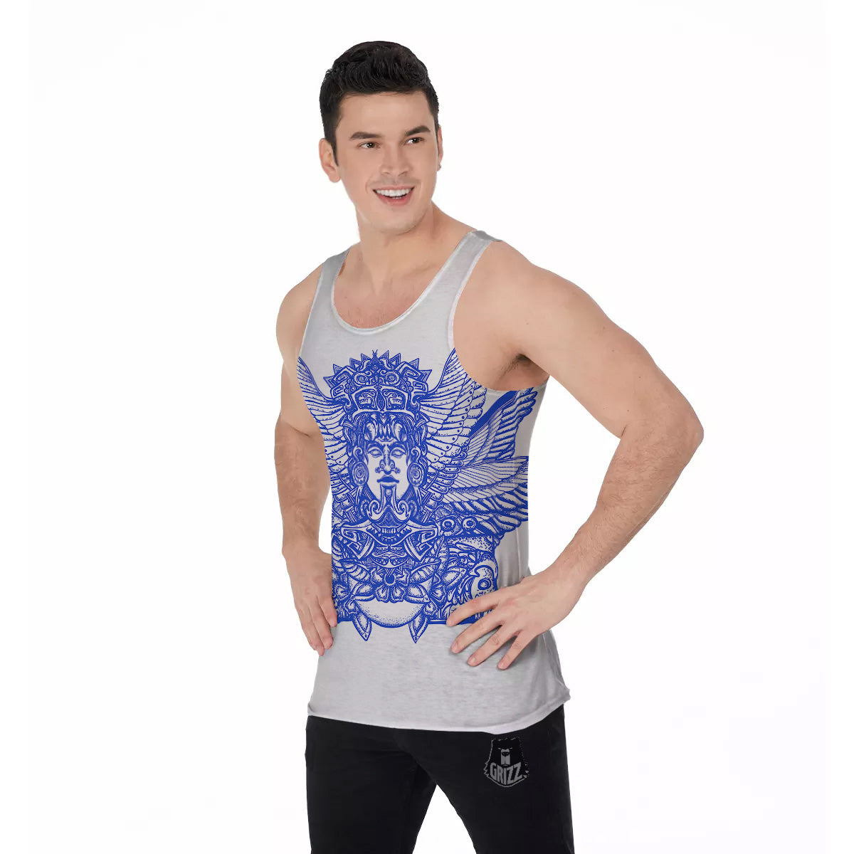 Mayan Statue White And Blue Print Men's Tank Top-grizzshop