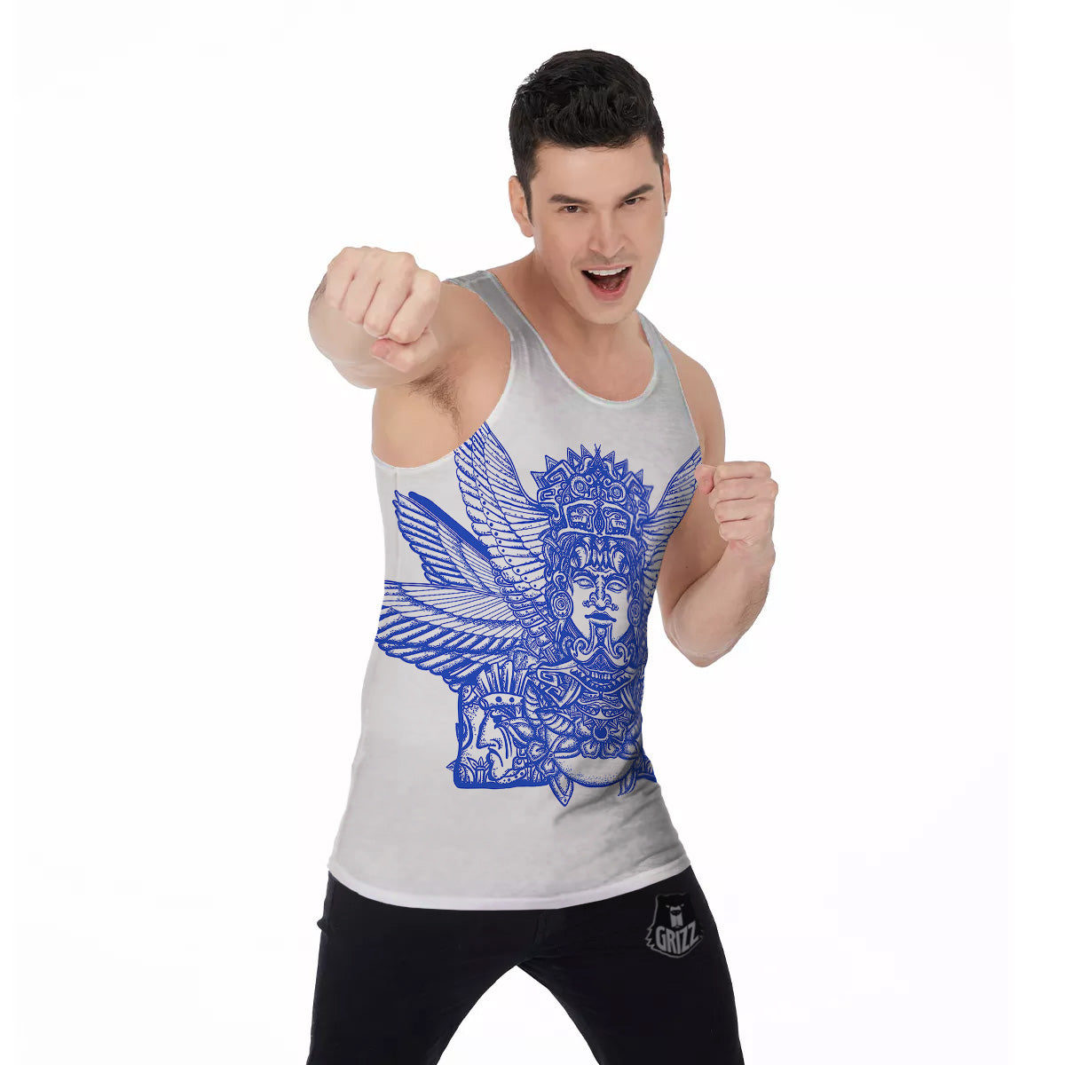 Mayan Statue White And Blue Print Men's Tank Top-grizzshop