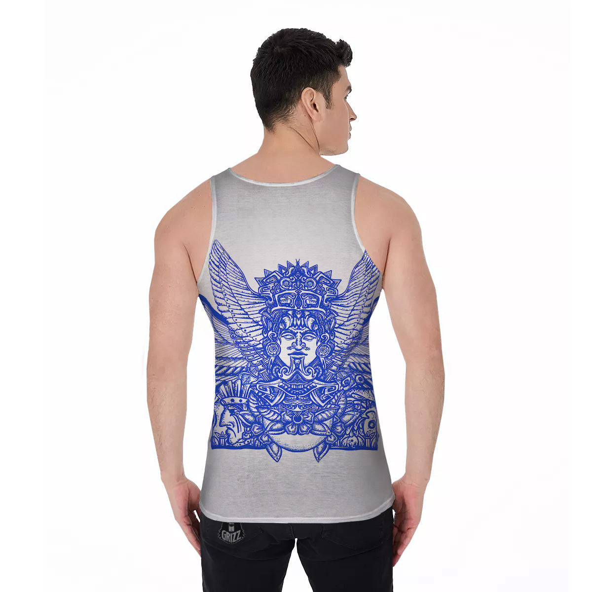 Mayan Statue White And Blue Print Men's Tank Top-grizzshop