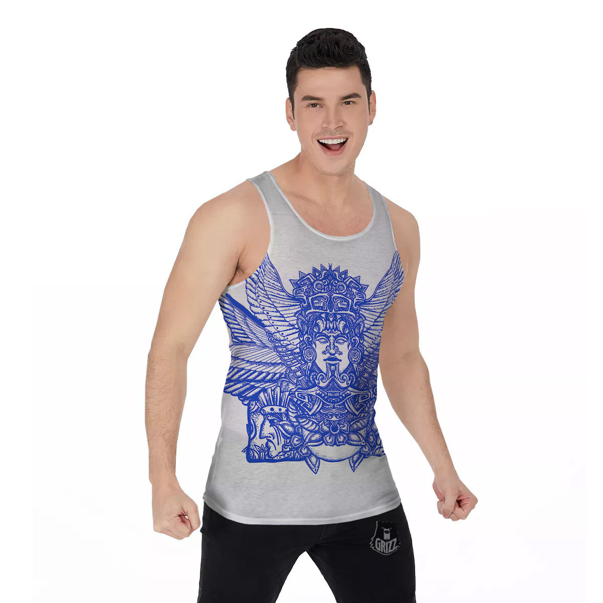 Mayan Statue White And Blue Print Men's Tank Top-grizzshop
