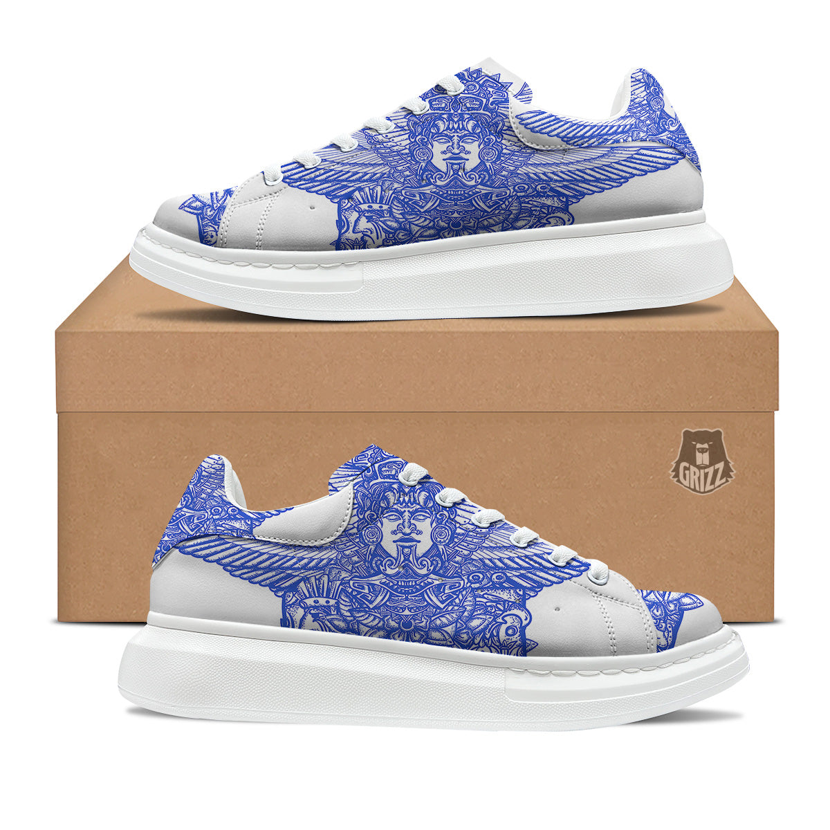 Mayan Statue White And Blue Print Platform Shoes-grizzshop