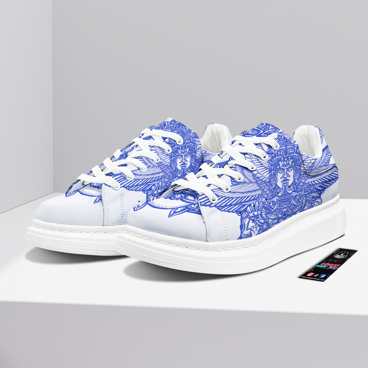 Mayan Statue White And Blue Print Platform Shoes-grizzshop