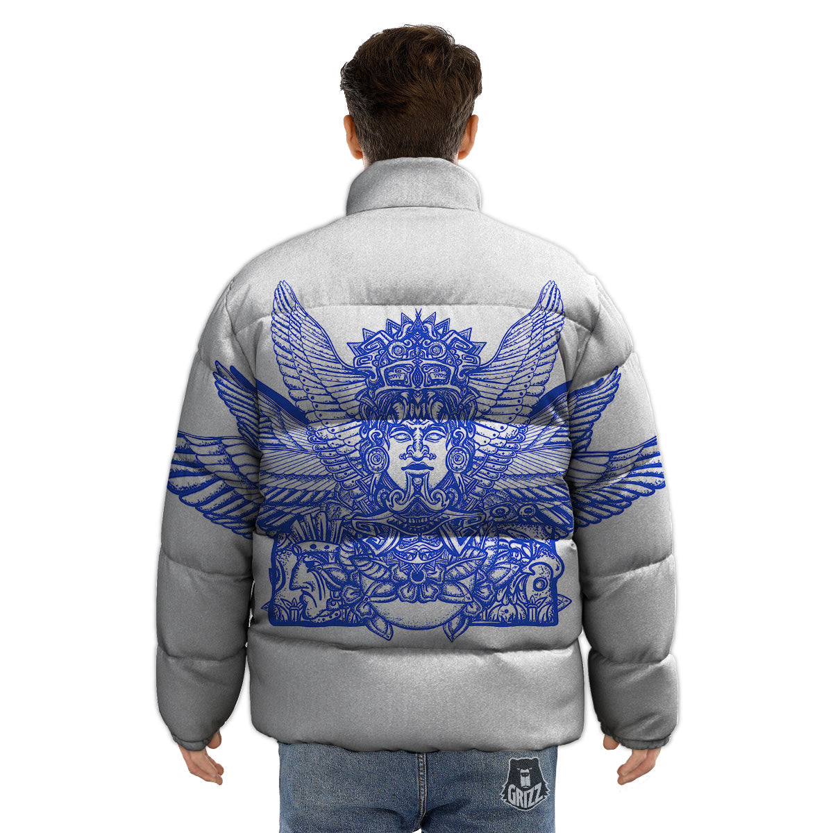 Mayan Statue White And Blue Print Puffer Jacket-grizzshop