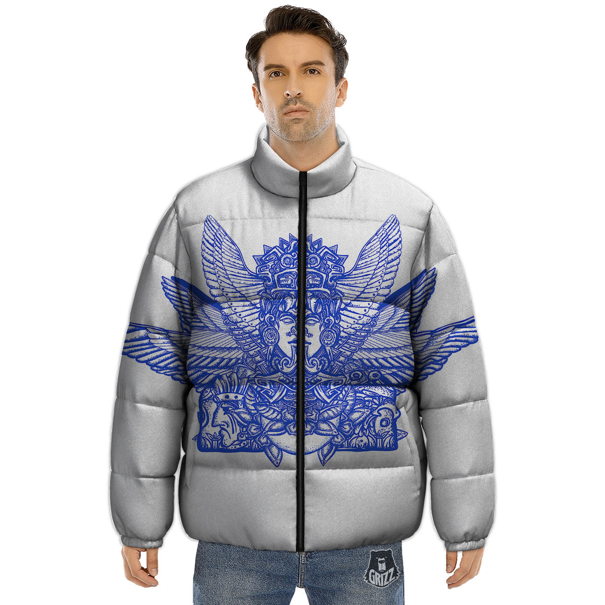 Mayan Statue White And Blue Print Puffer Jacket-grizzshop