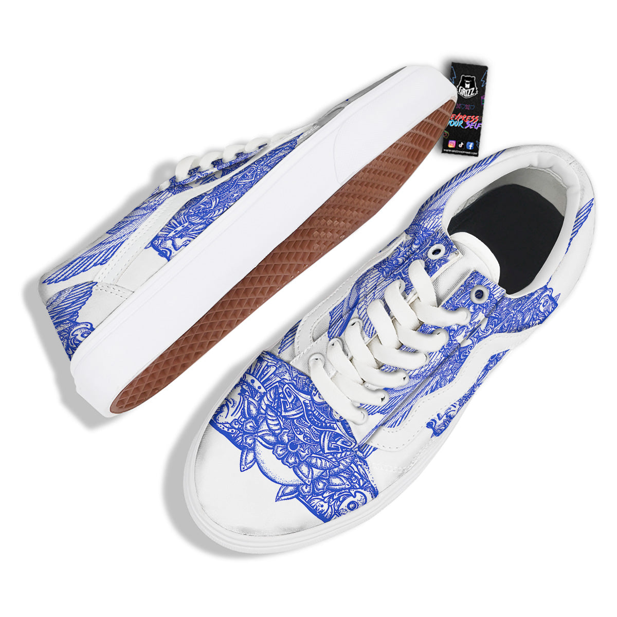 Mayan Statue White And Blue Print Skate Shoes-grizzshop