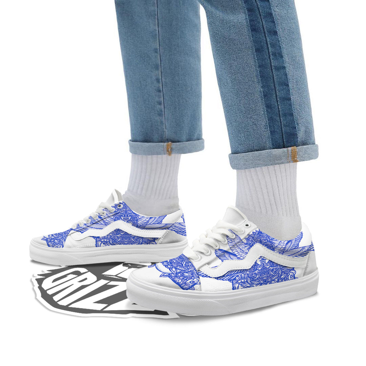 Mayan Statue White And Blue Print Skate Shoes-grizzshop