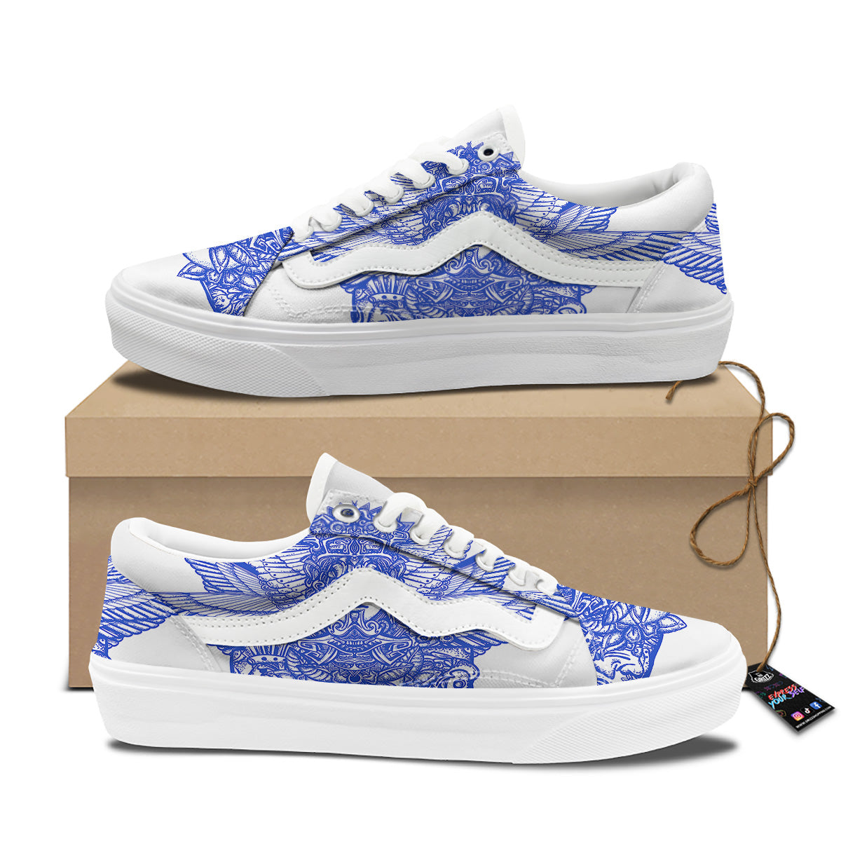 Mayan Statue White And Blue Print Skate Shoes-grizzshop