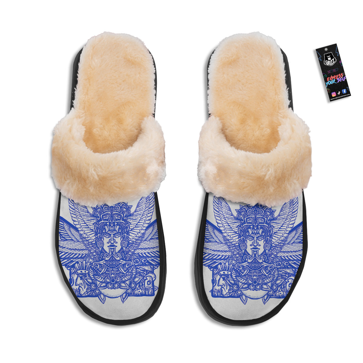 Mayan Statue White And Blue Print Slippers-grizzshop