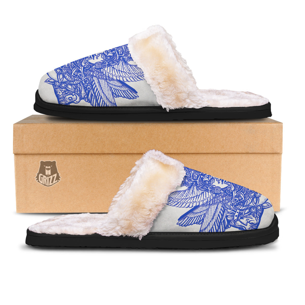 Mayan Statue White And Blue Print Slippers-grizzshop