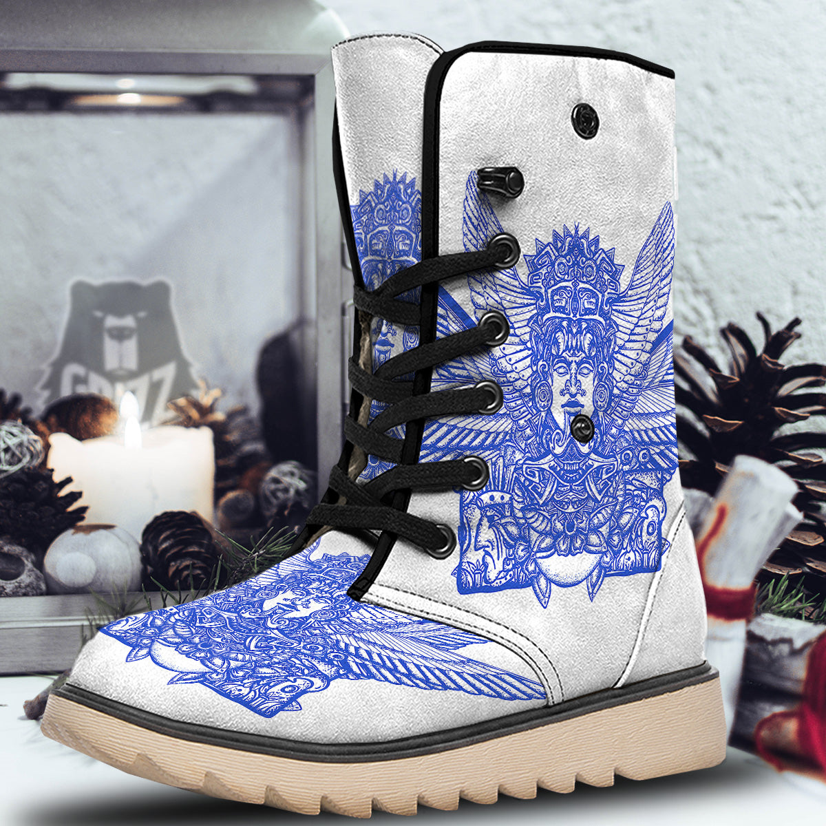 Mayan Statue White And Blue Print Snow Boots-grizzshop