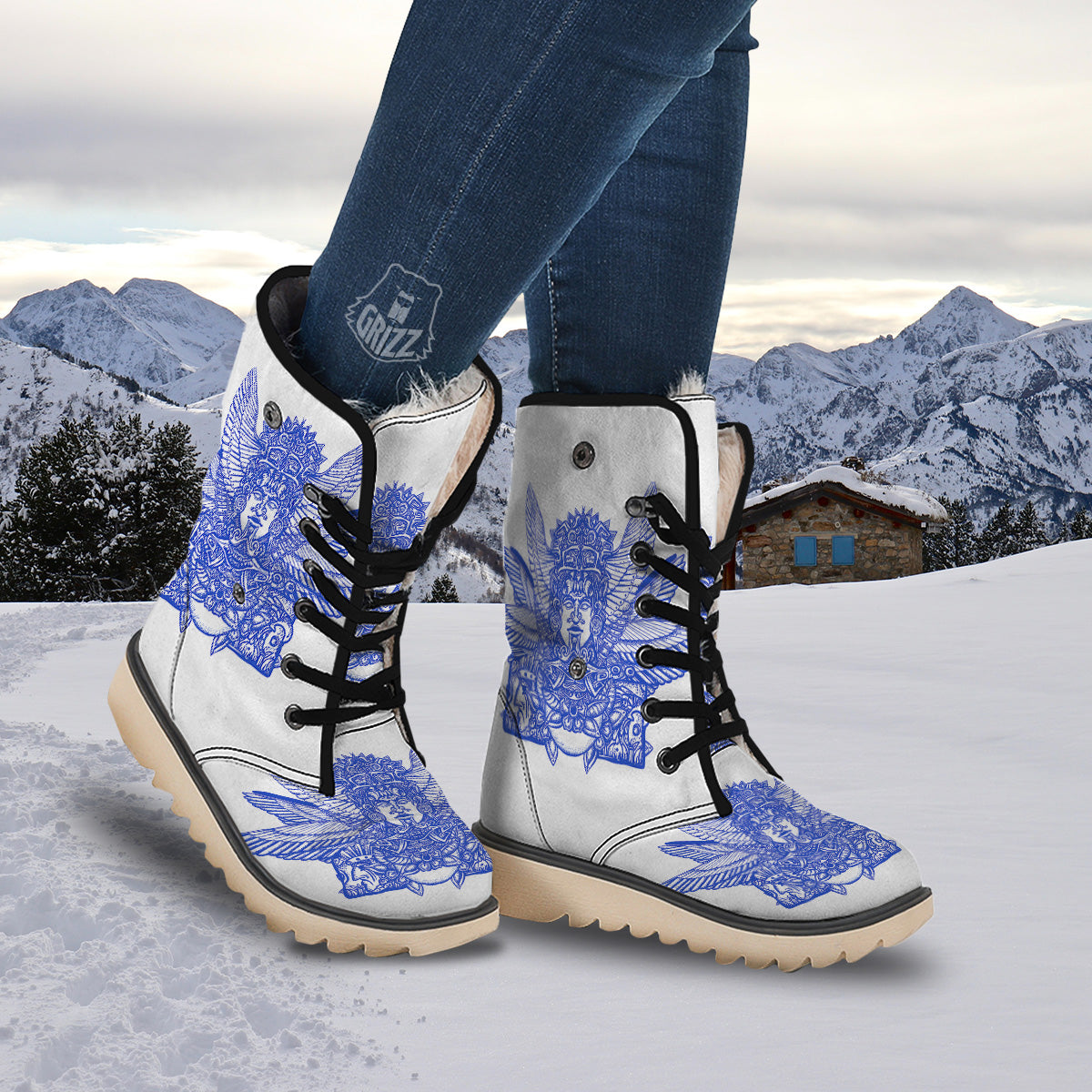 Mayan Statue White And Blue Print Snow Boots-grizzshop