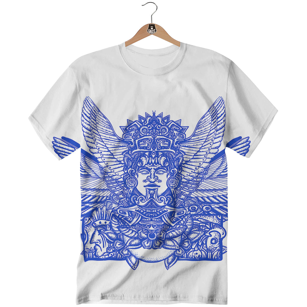 Mayan Statue White And Blue Print T-Shirt-grizzshop