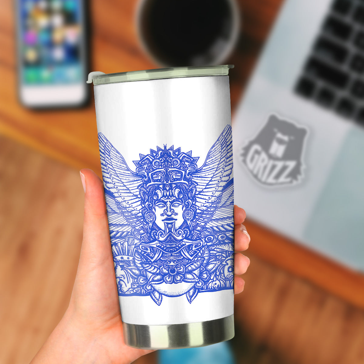 Mayan Statue White And Blue Print Tumbler-grizzshop
