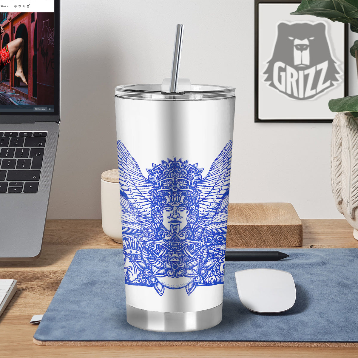 Mayan Statue White And Blue Print Tumbler-grizzshop
