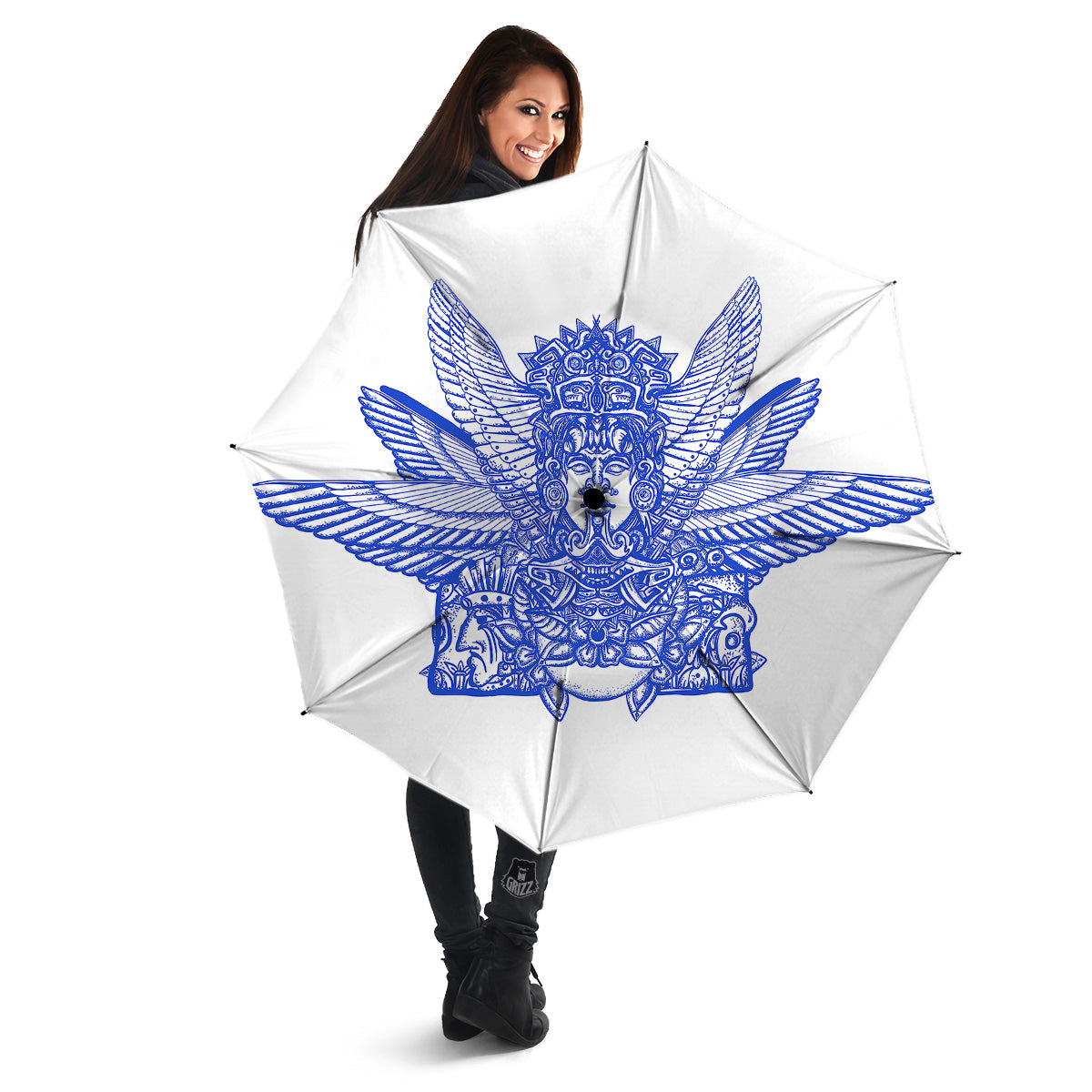Mayan Statue White And Blue Print Umbrella-grizzshop