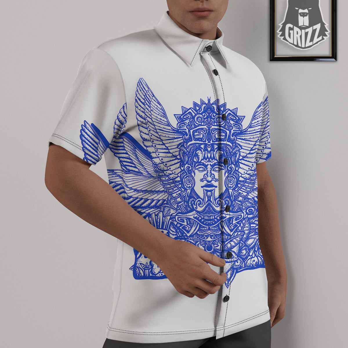 Mayan Statue White And Blue Print Untucked Shirts-grizzshop